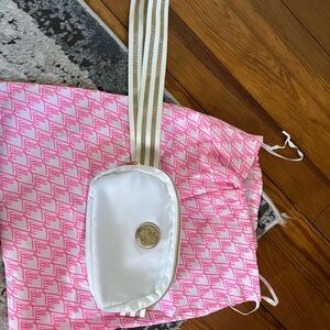 Lilly Pulitzer Pink Logo Drawstring Dust Bag with White Pouch and Gold Trim